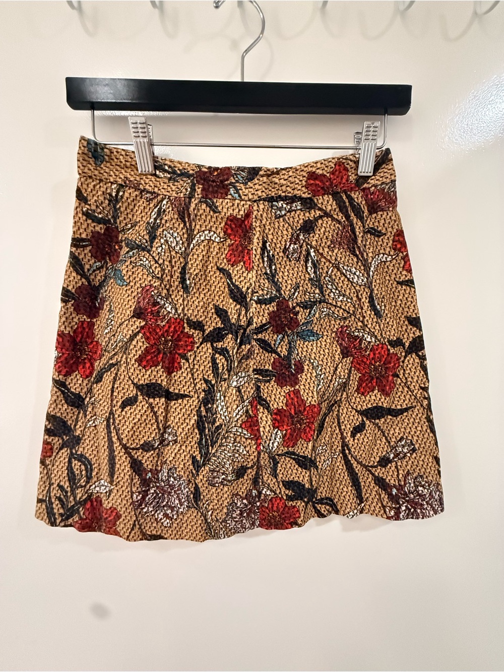 Zara Golden Mustard Mini Skirt with Red and Black Floral Motif